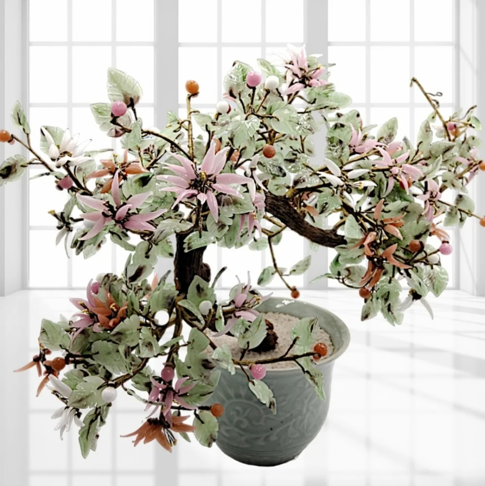 Bonsai Jade Tree Semi-Cascade Style with Pink, White, Salmon Glass